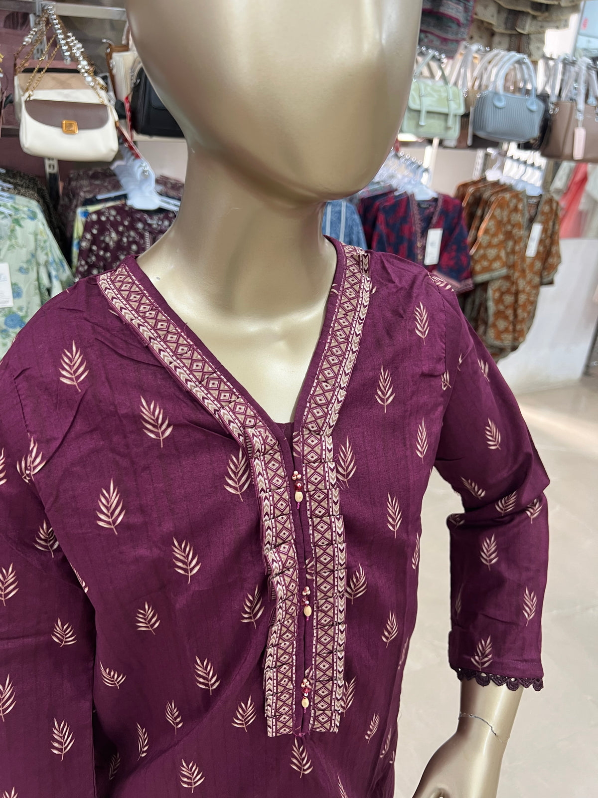 Maroon Leaf Print Cotton 2-Piece Suit