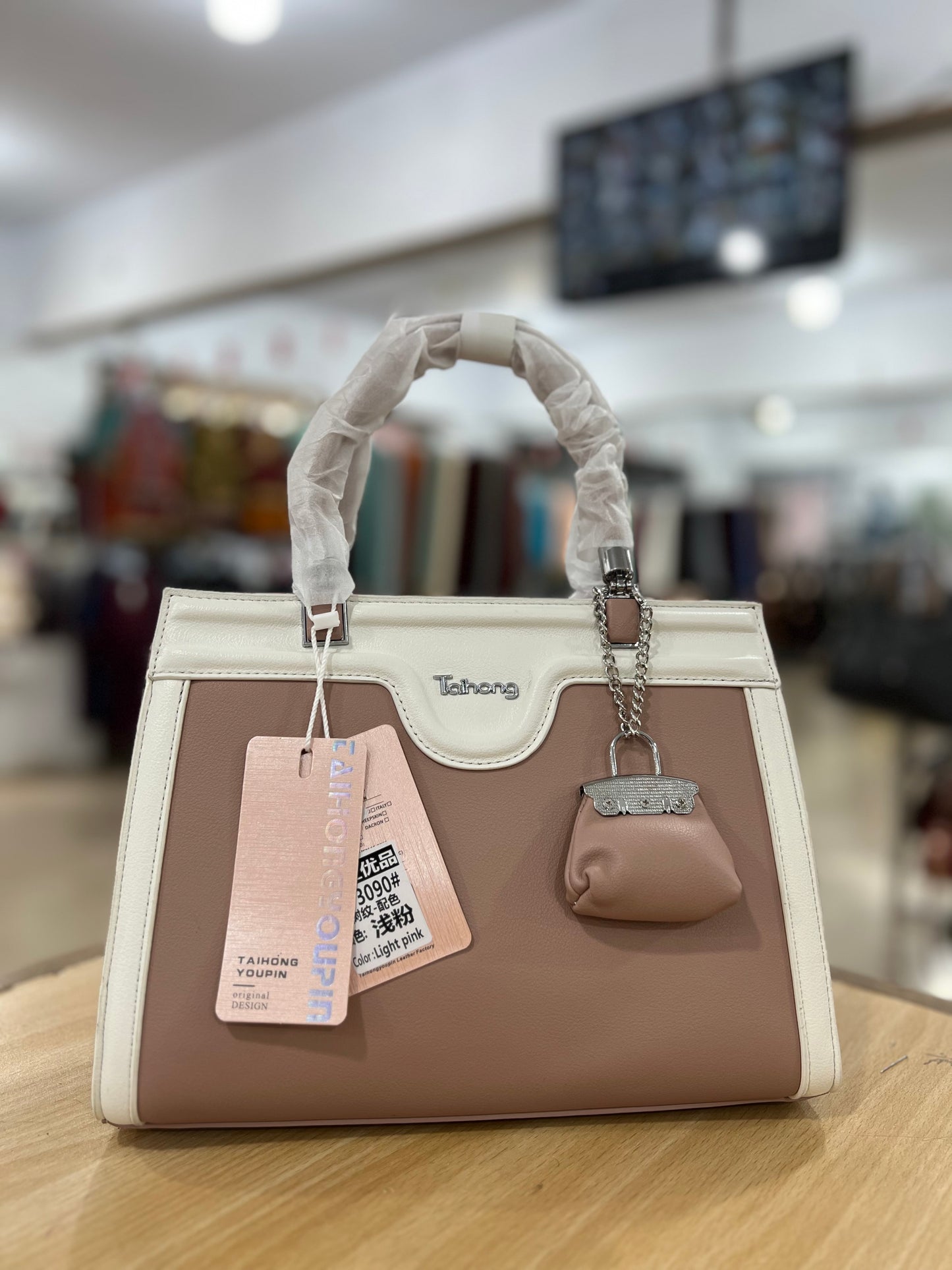 Elegant Two-Tone Handbag with Mini Bag Charm & Long Belt