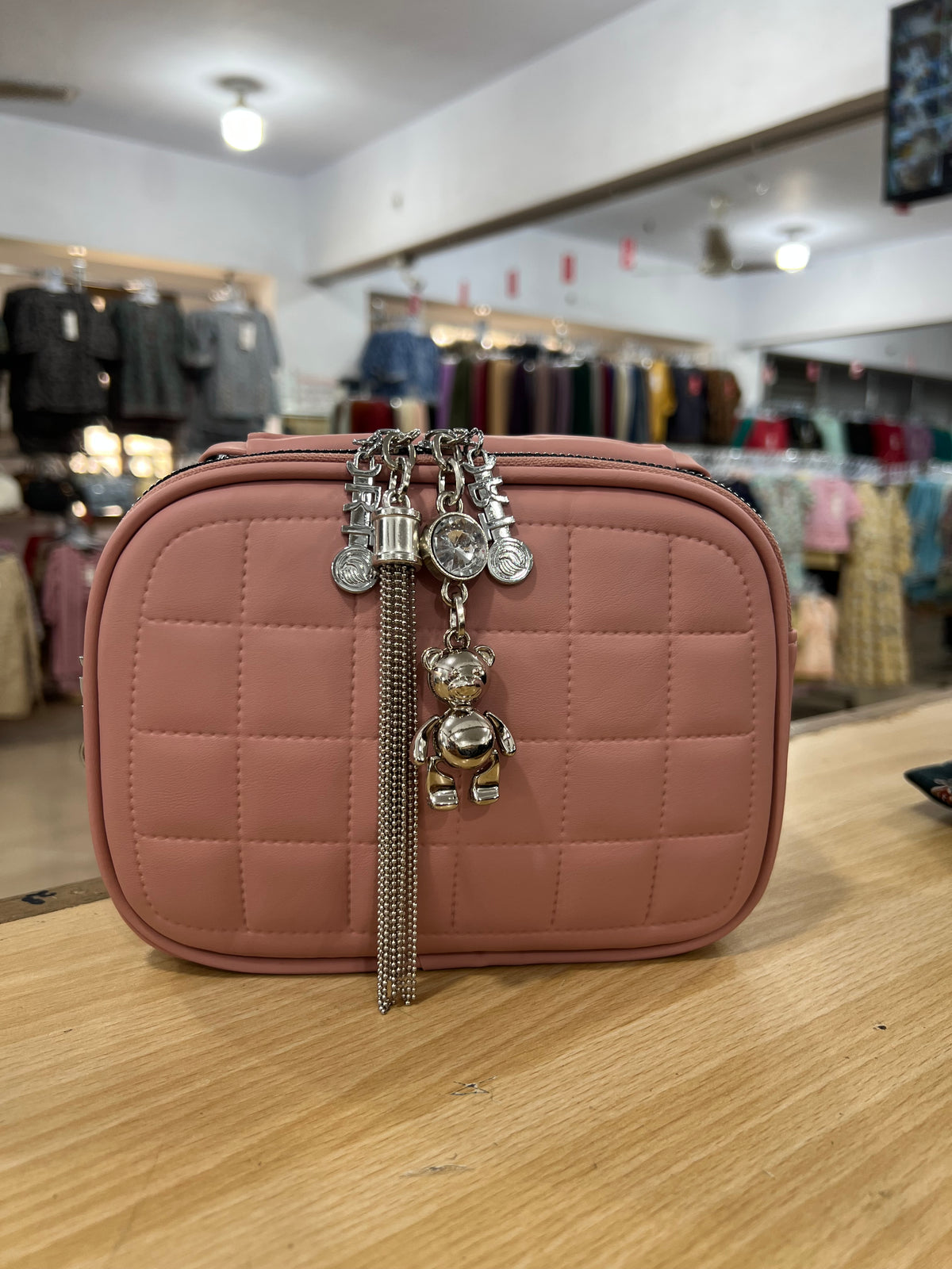 China Imported Quilted Purse with Cute Bear Keychain