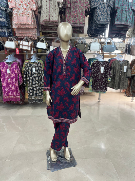 Navy Blue & Maroon Floral Cotton 2-Piece Suit