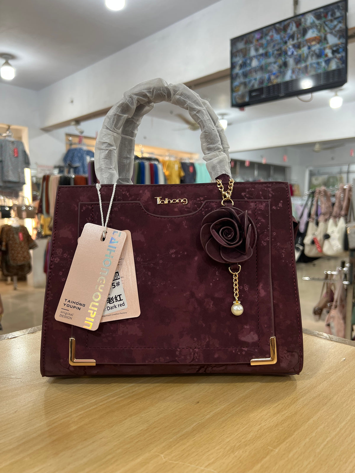 Premium Velvet Look 3-Partition Ladies Handbag with Flower Keychain & Long Belt