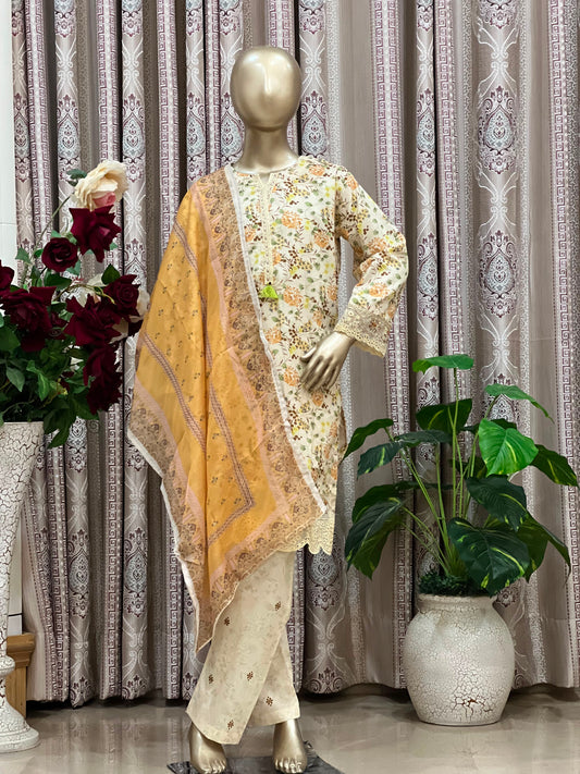 Elegant Embroidered 3-Piece Girls Lawn Suit with Printed Dupatta | Premium Summer Collection (5–6 to 13–14 Years)