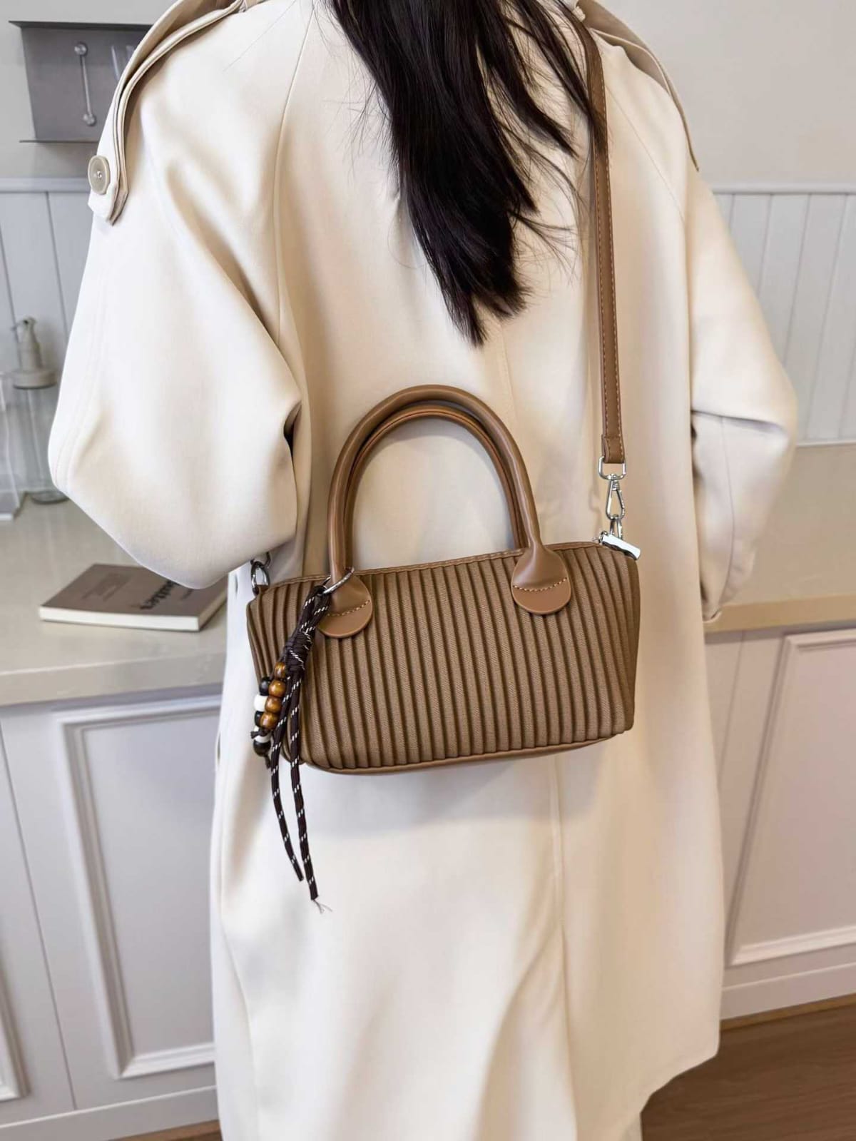 Elegant Ribbed Mini Handbag with Adjustable Long Crossbody Strap