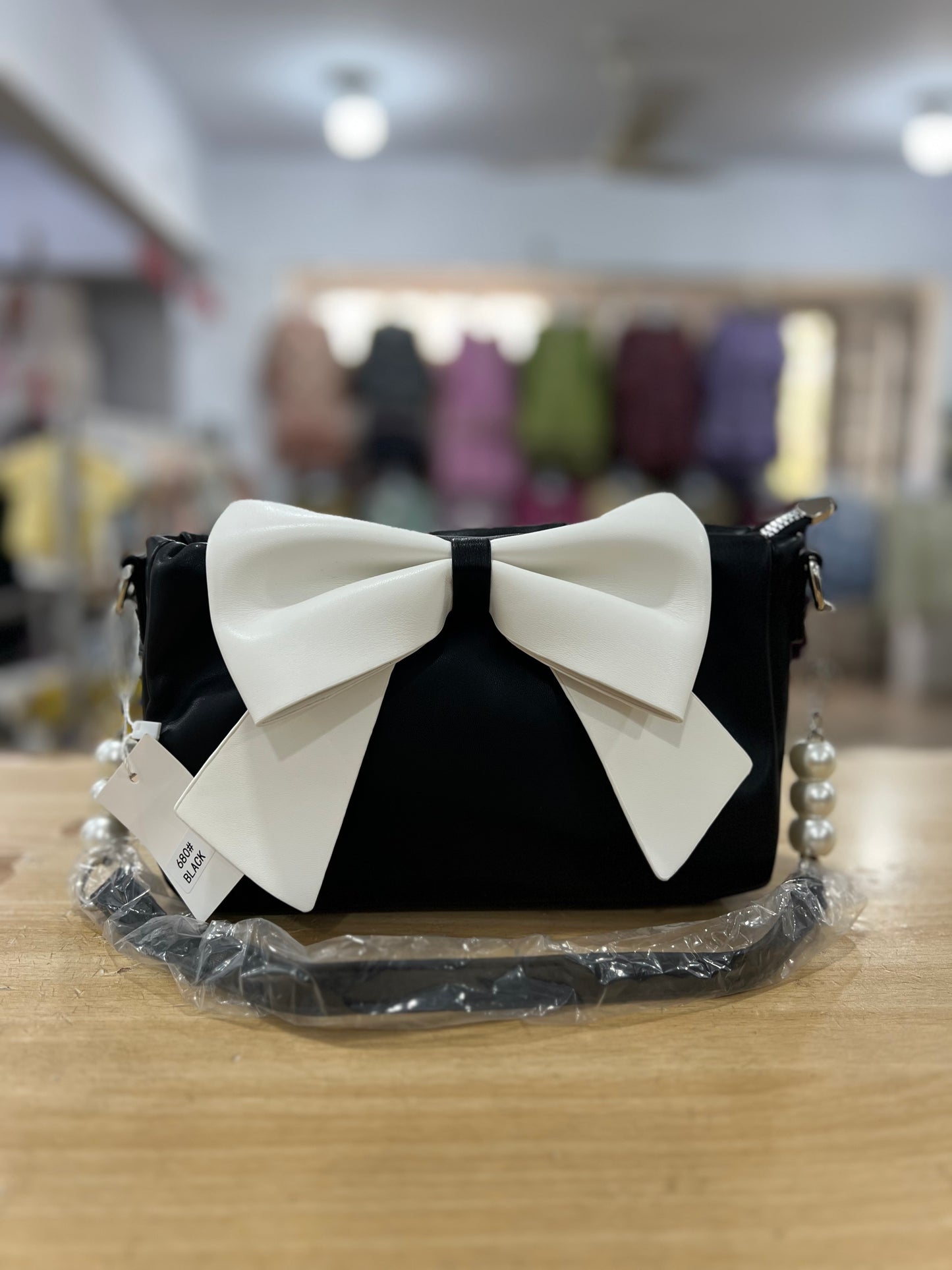 Elegant Bow Crossbody Bag with Pearl Chain & Adjustable Long Strap