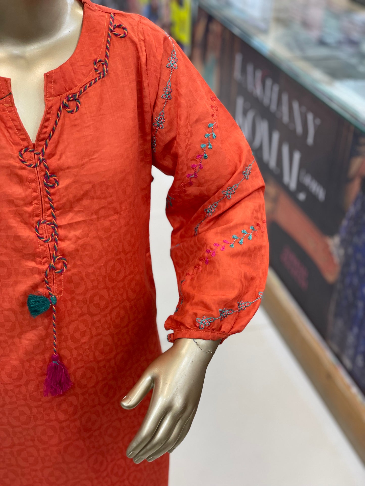 Girls Embroidered 2-Piece Suit – Stylish Kurti & Trouser Set with Tassel Detail