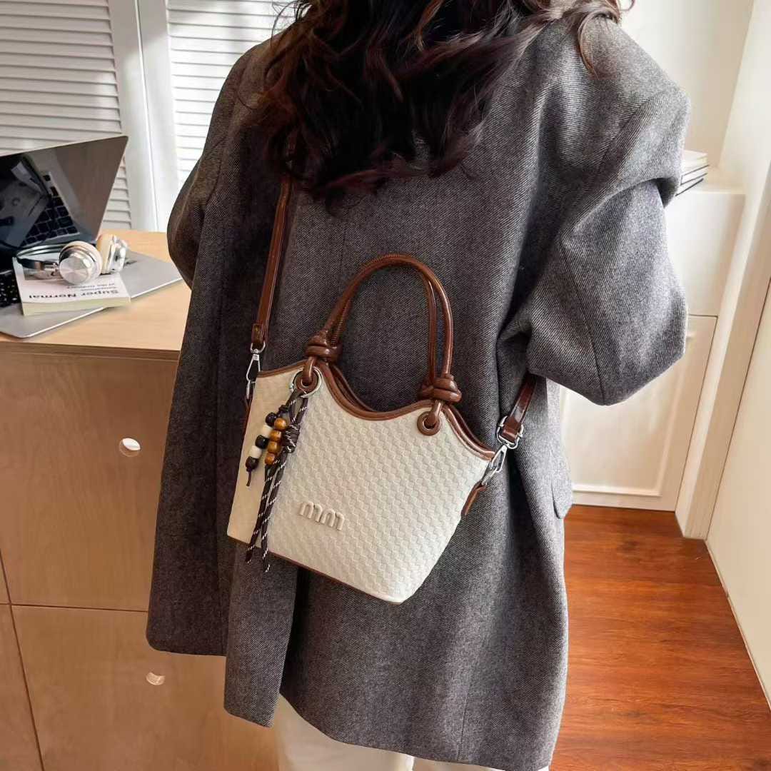 Premium Woven Bucket Tote Handbag with Adjustable Long Crossbody Strap