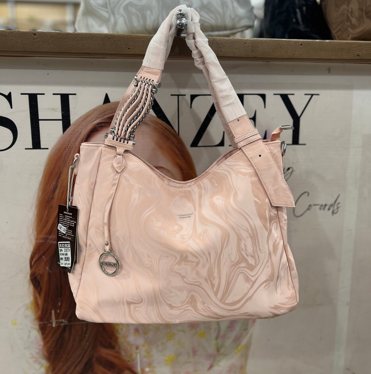 Velvet Look Shoulder Bag with Long Adjustable Strap