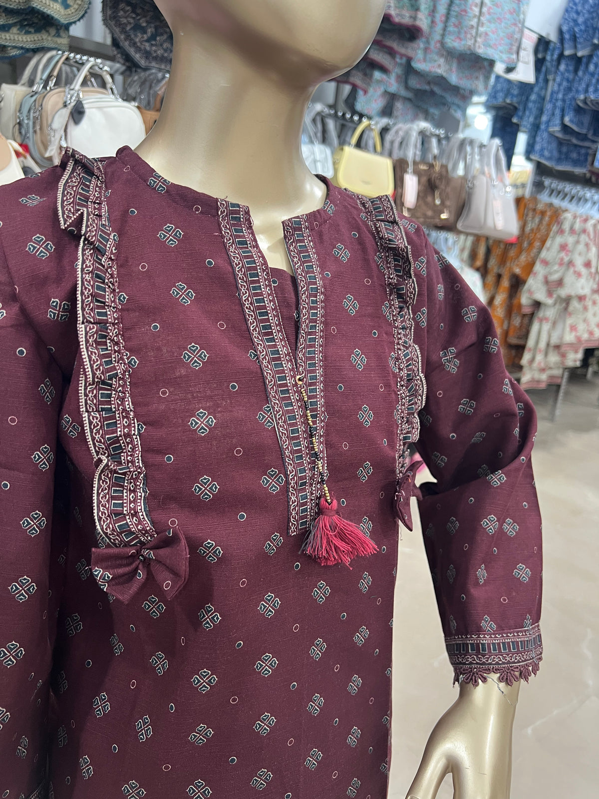 Premium Maroon Khaddar 2-Piece Printed Suit with Lace Detailing