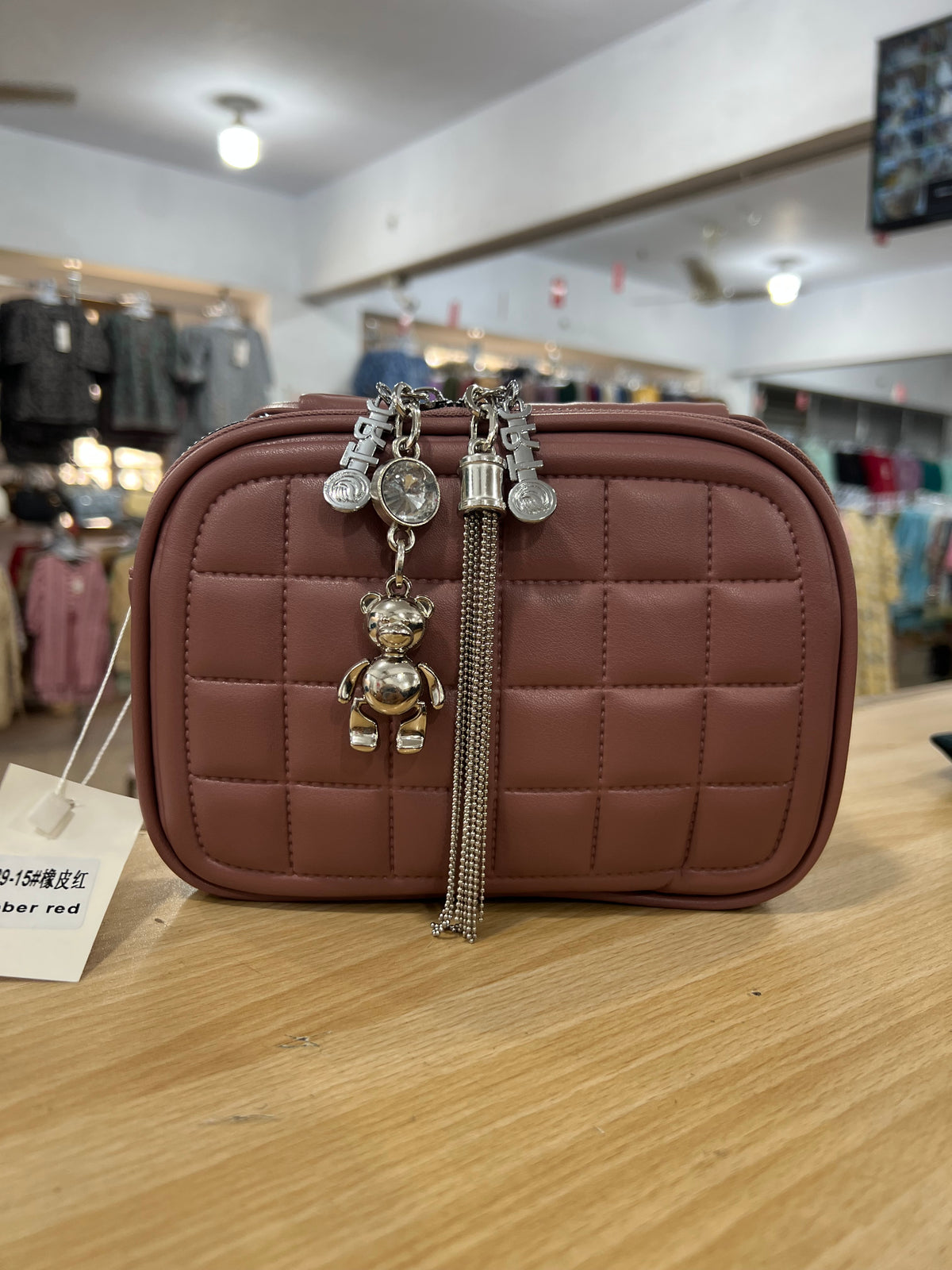 China Imported Quilted Purse with Cute Bear Keychain