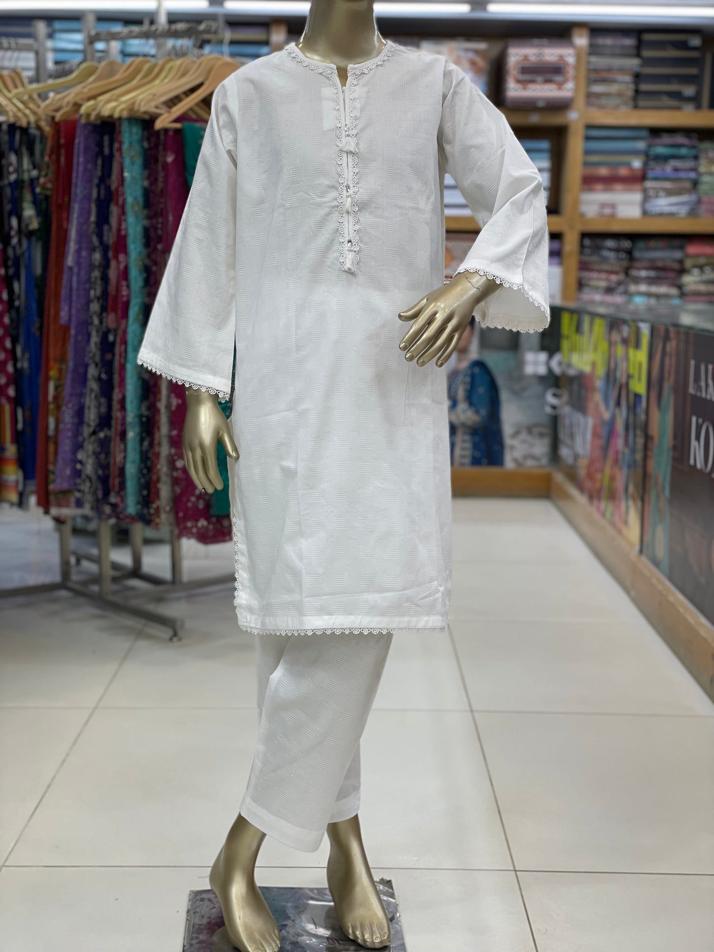 Girls Premium White Textured 2-Piece Suit – Lace Detail Kurti & Trouser Set