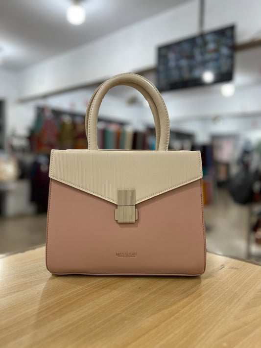 Elegant Two-Tone Top Handle Handbag with Adjustable Long Shoulder Strap