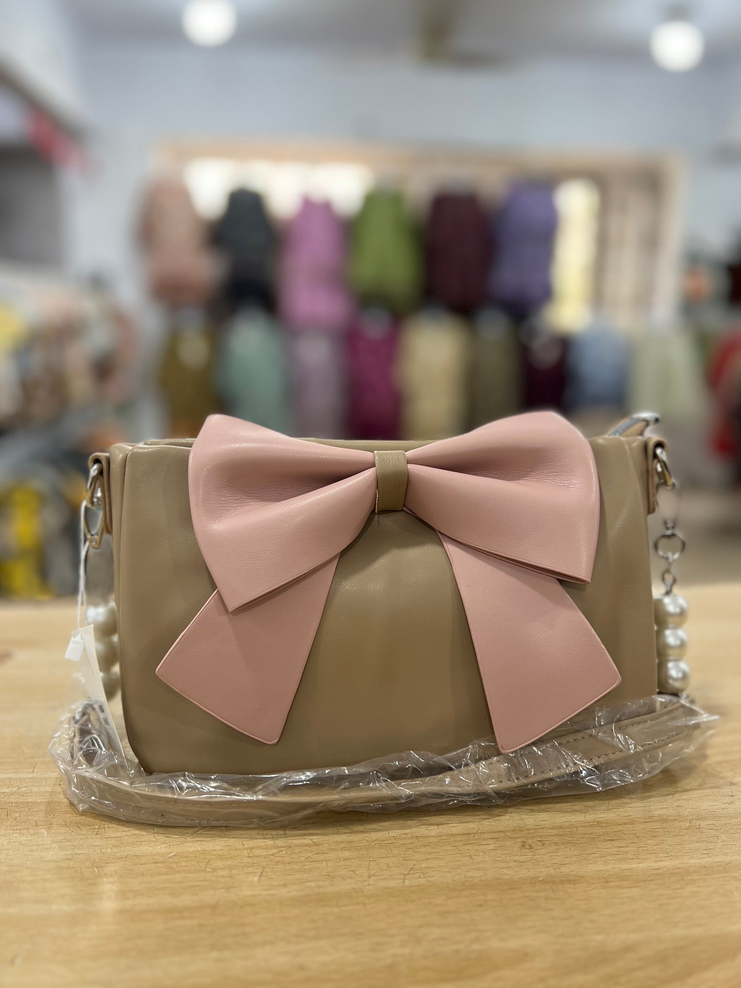 Elegant Bow Crossbody Bag with Pearl Chain & Adjustable Long Strap