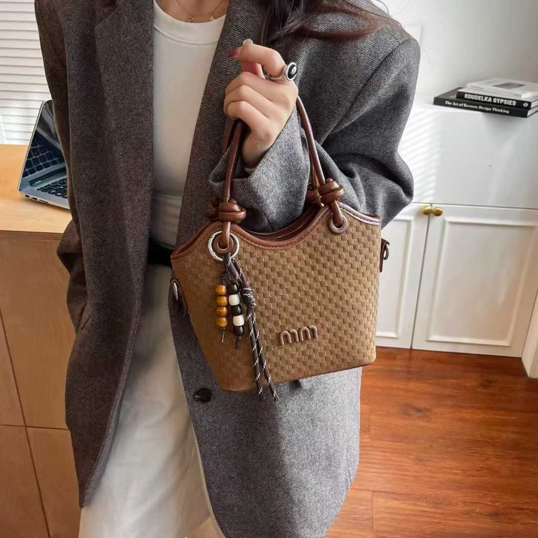 Premium Woven Bucket Tote Handbag with Adjustable Long Crossbody Strap