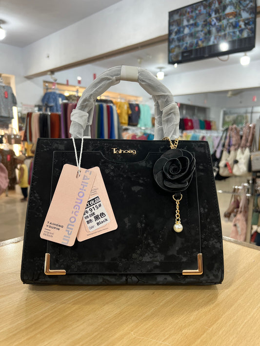 Premium Velvet Look 3-Partition Ladies Handbag with Flower Keychain & Long Belt