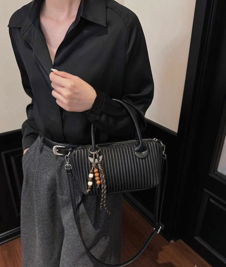 Elegant Ribbed Mini Handbag with Adjustable Long Crossbody Strap
