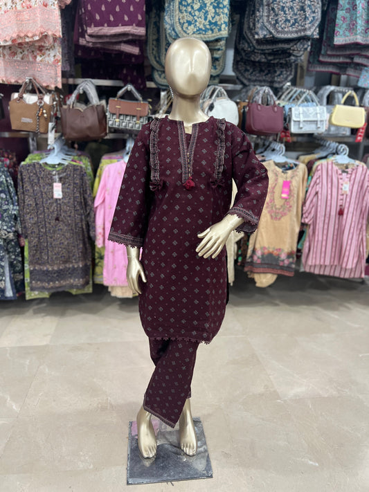 Premium Maroon Khaddar 2-Piece Printed Suit with Lace Detailing