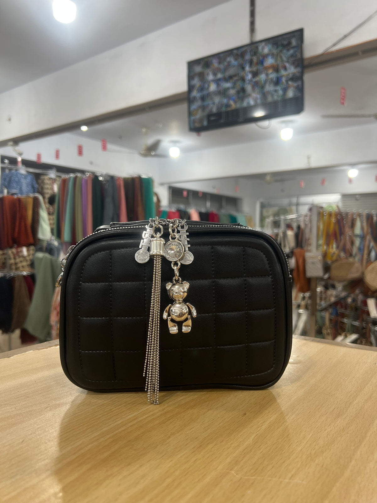 China Imported Quilted Purse with Cute Bear Keychain