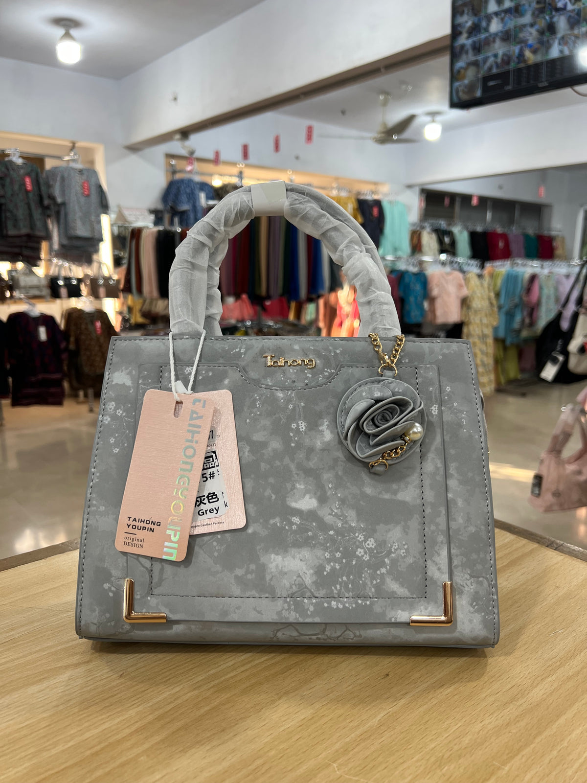 Premium Velvet Look 3-Partition Ladies Handbag with Flower Keychain & Long Belt