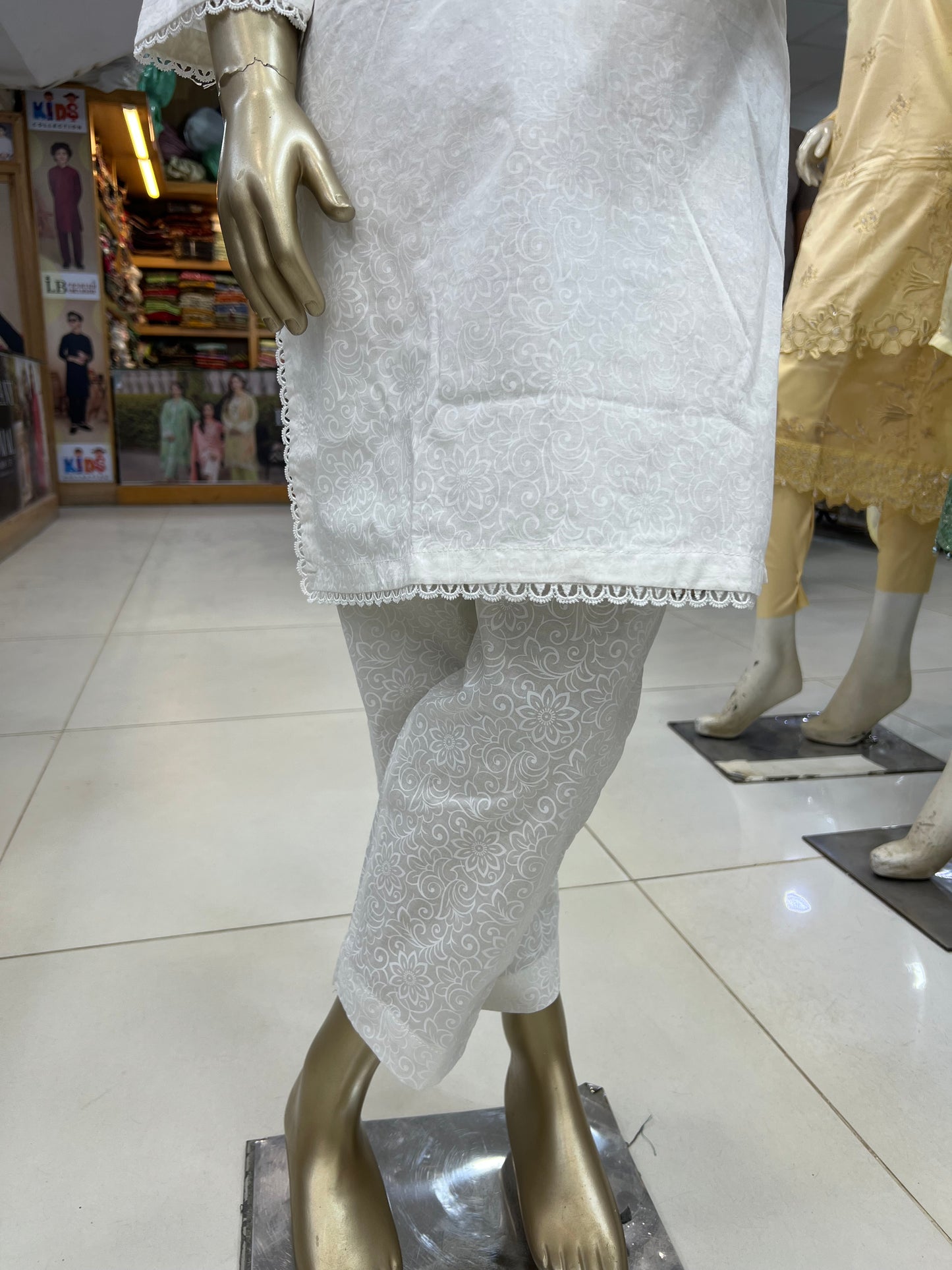 Girls Premium White Textured 2-Piece Suit – Lace Detail Kurti & Trouser Set