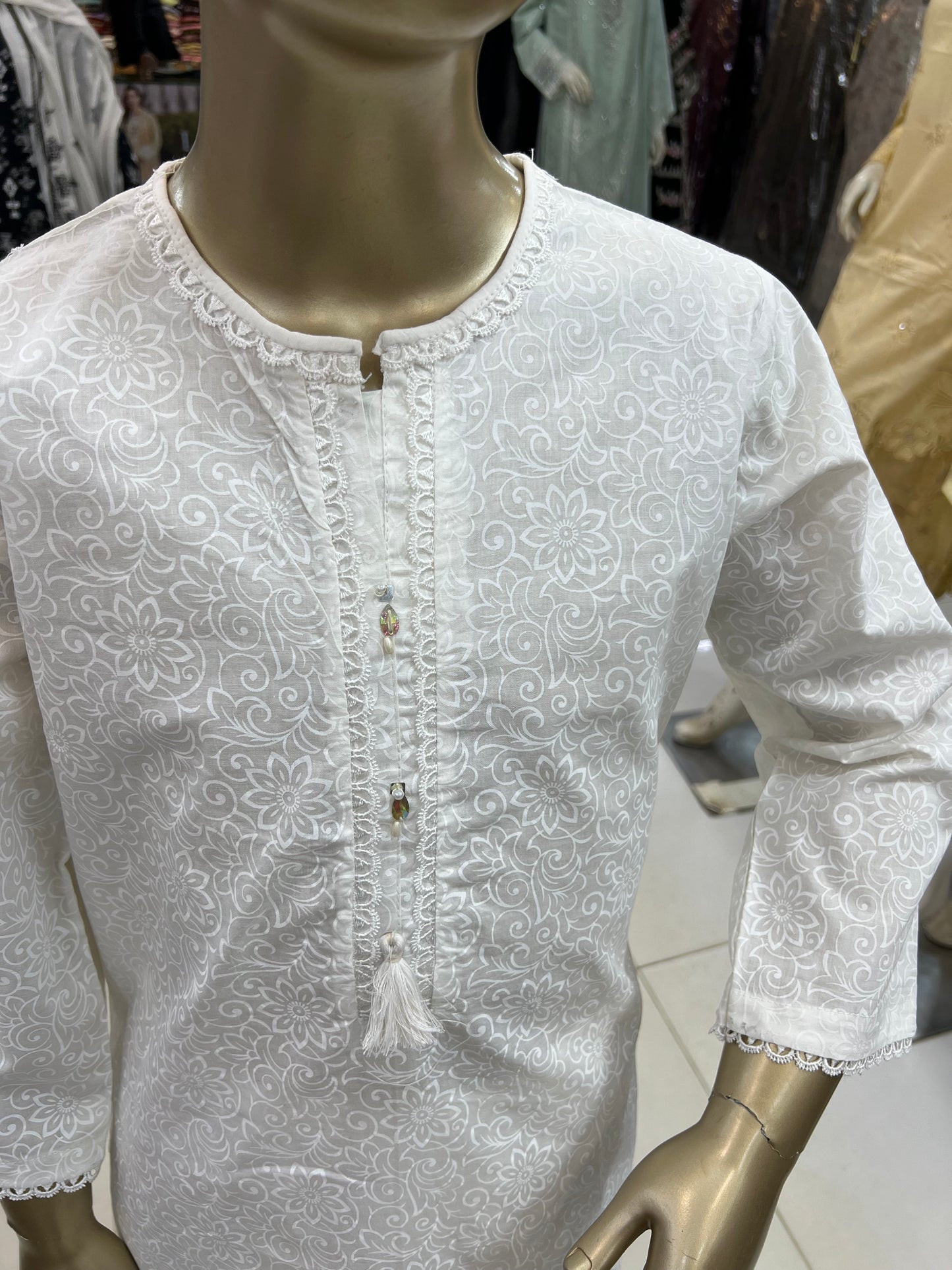 Girls Premium White Textured 2-Piece Suit – Lace Detail Kurti & Trouser Set