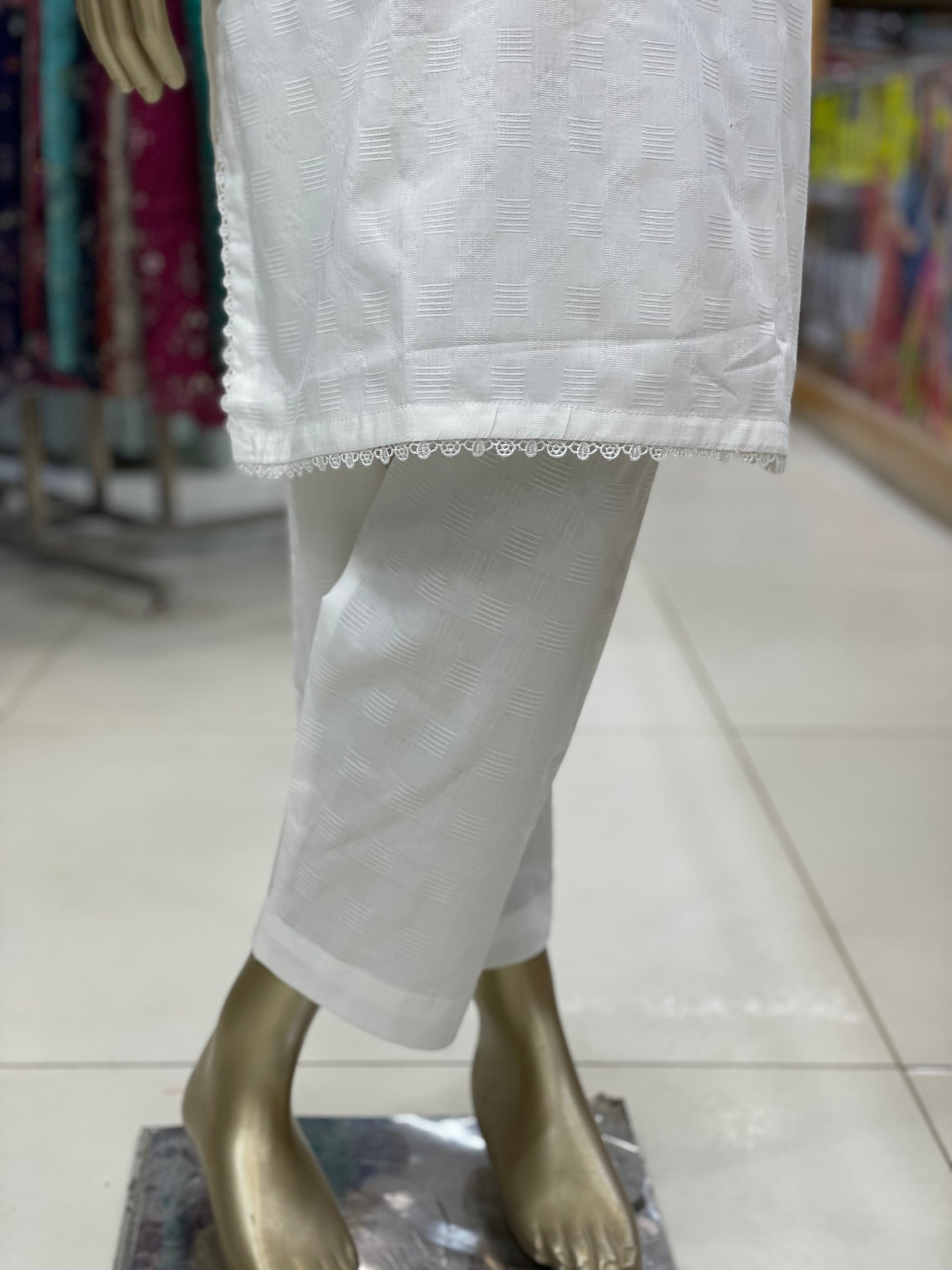 Girls Premium White Textured 2-Piece Suit – Lace Detail Kurti & Trouser Set