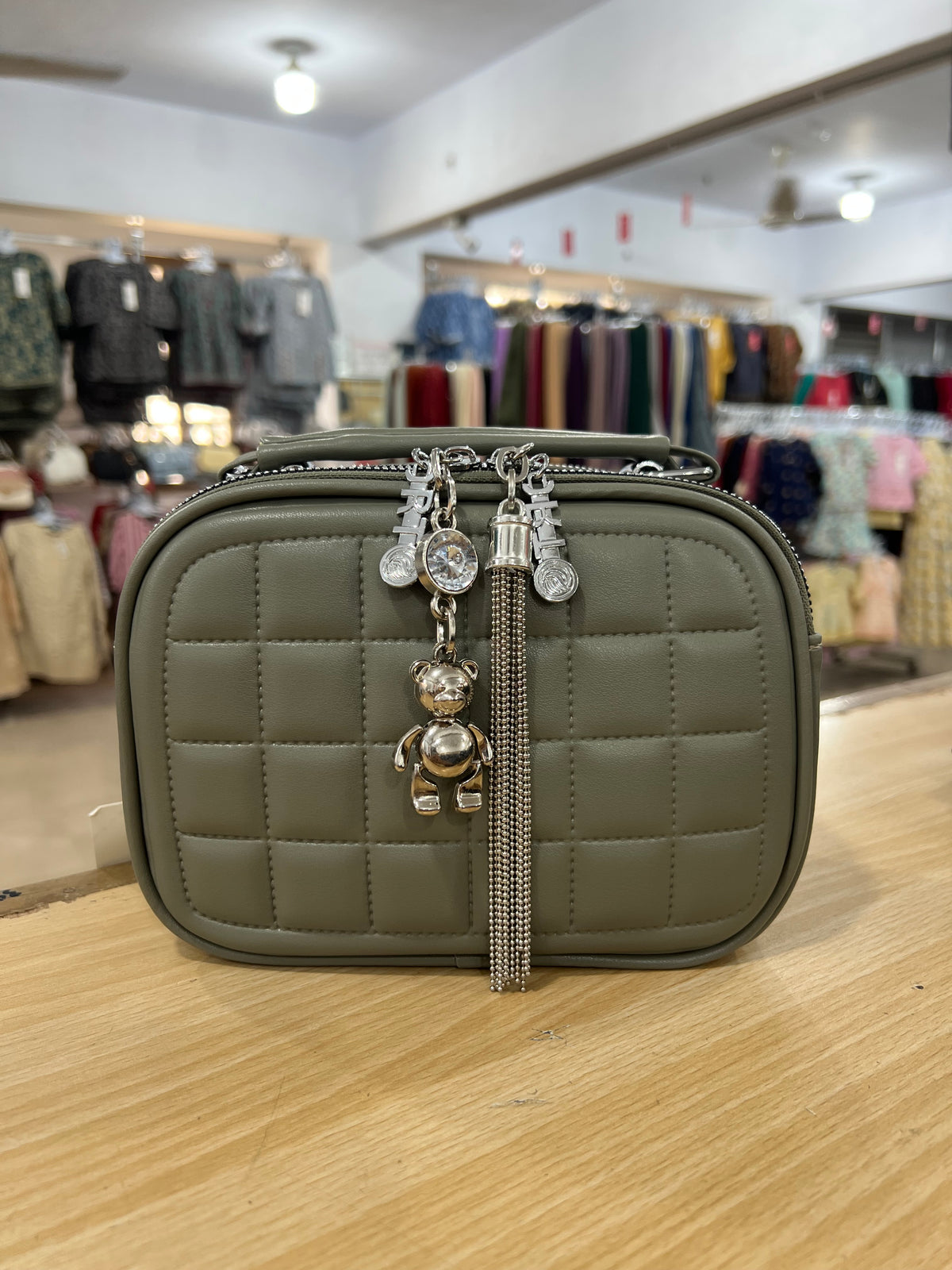 China Imported Quilted Purse with Cute Bear Keychain