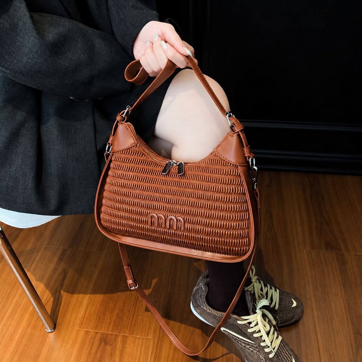 Elegant Textured Shoulder & Crossbody Bag with Adjustable Long Strap