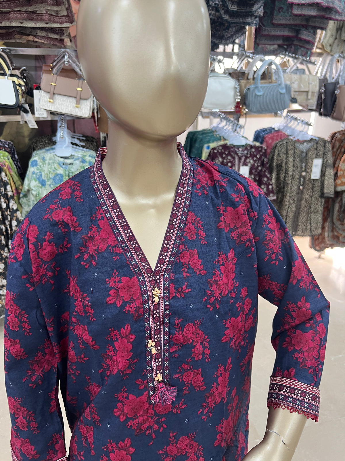 Navy Blue & Maroon Floral Cotton 2-Piece Suit