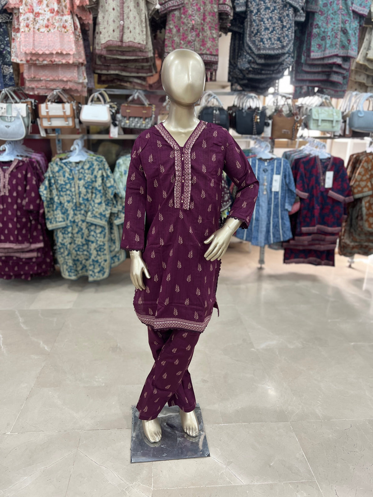 Maroon Leaf Print Cotton 2-Piece Suit