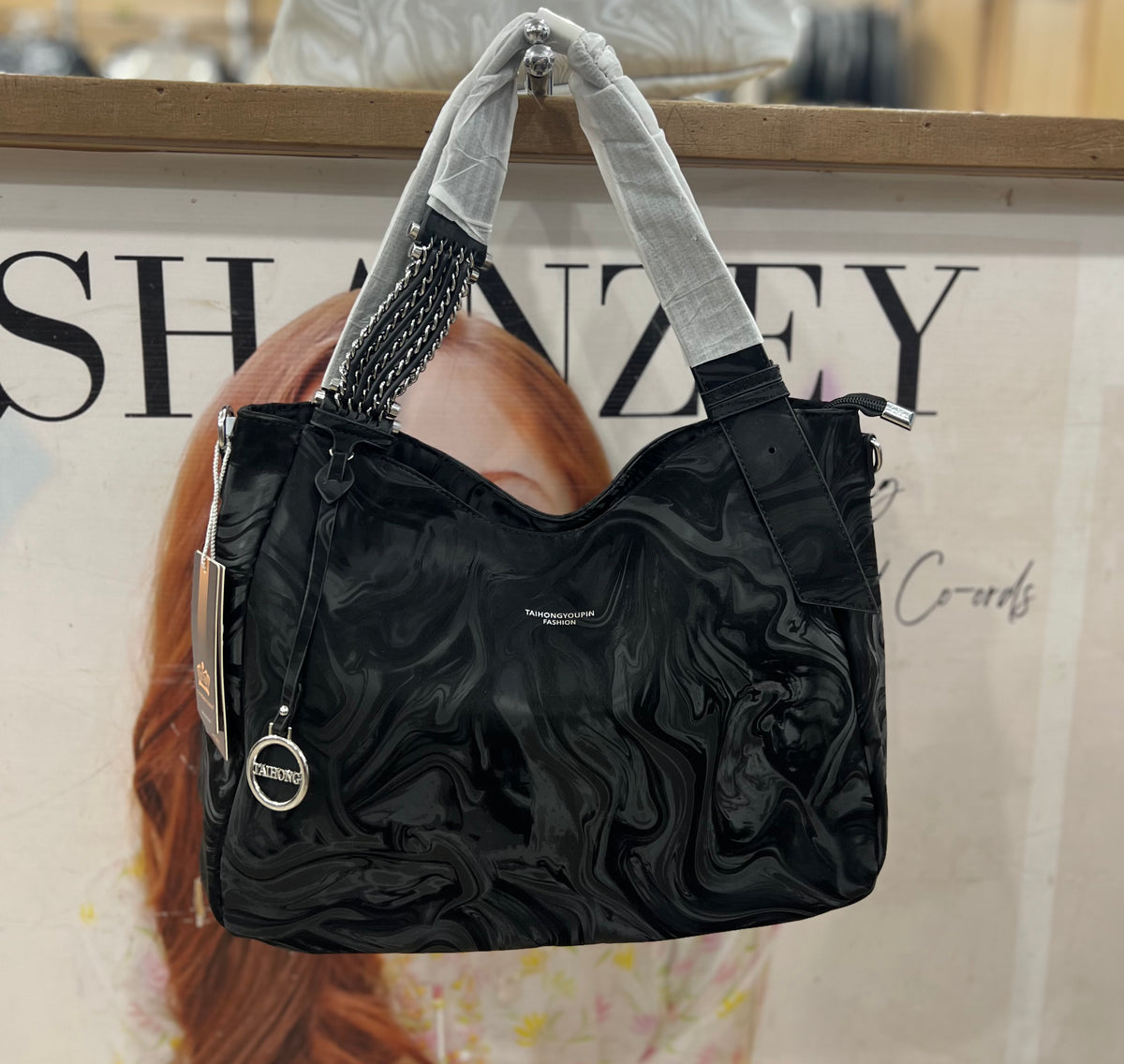 Velvet Look Shoulder Bag with Long Adjustable Strap