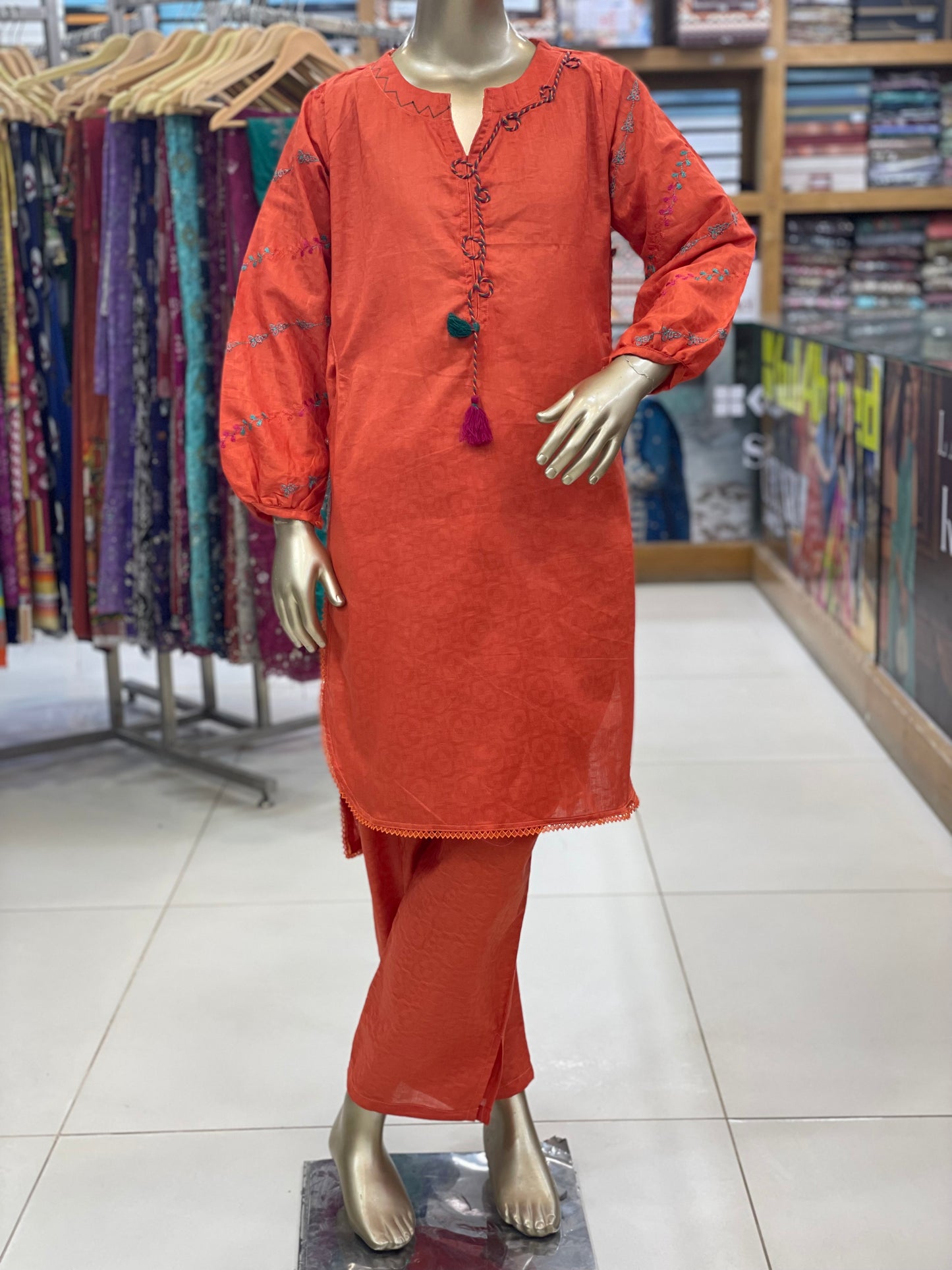 Girls Embroidered 2-Piece Suit – Stylish Kurti & Trouser Set with Tassel Detail