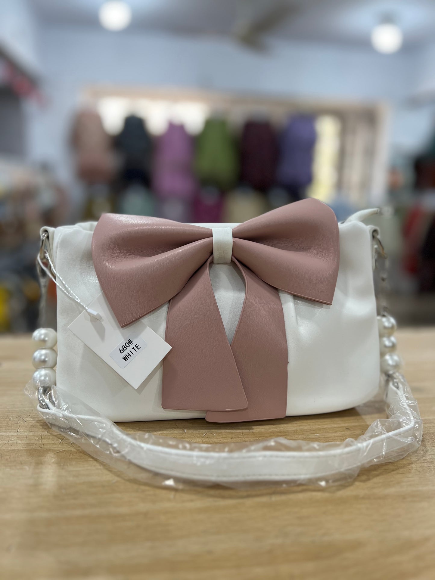 Elegant Bow Crossbody Bag with Pearl Chain & Adjustable Long Strap