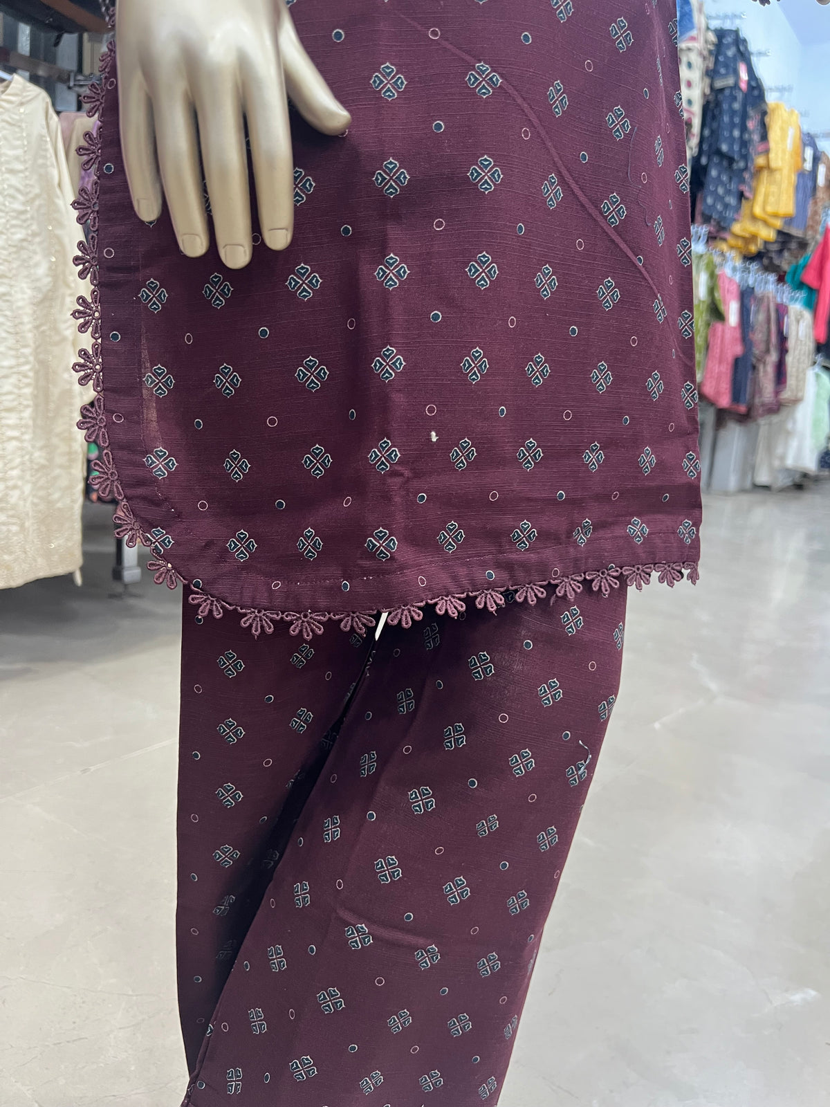 Premium Maroon Khaddar 2-Piece Printed Suit with Lace Detailing