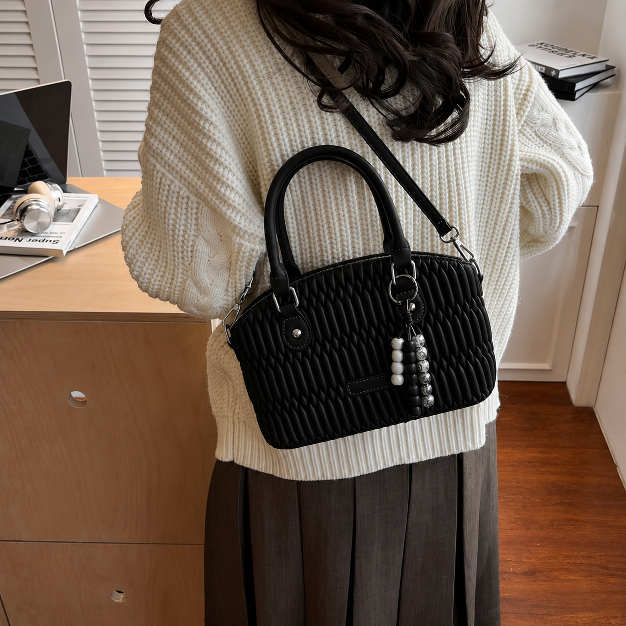 Elegant Quilted Top Handle & Crossbody Handbag with Adjustable Long Strap